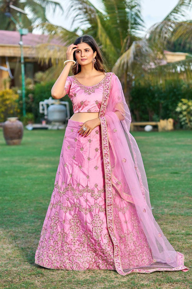 Pink Satin Embroidered Lehenga Choli