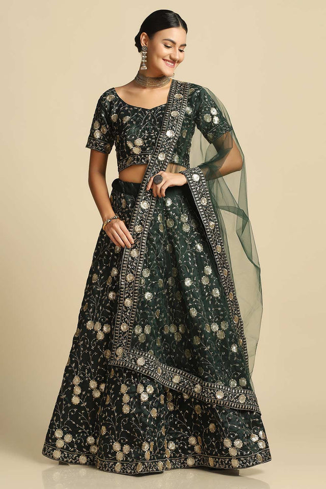 Green Taffeta Embroidered Lehenga Choli