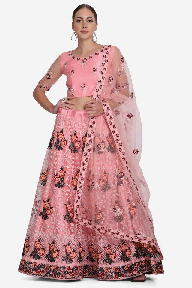 Pink Net Embroidered Lehenga Choli