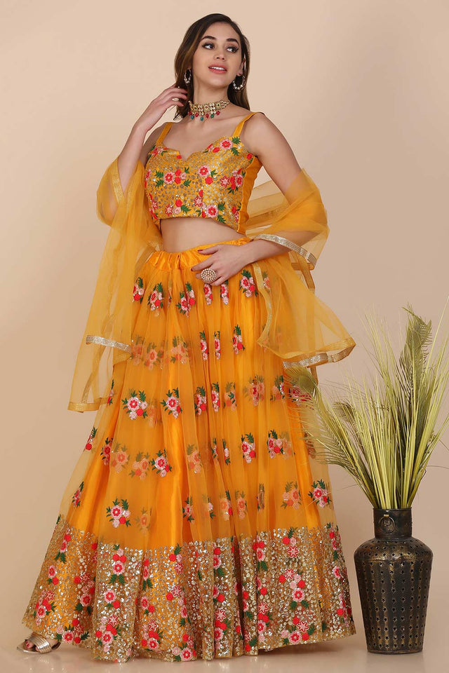 Yellow Net Embroidered Lehenga Choli