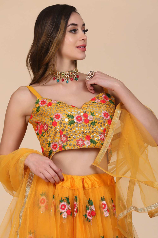 Yellow Net Embroidered Lehenga Choli