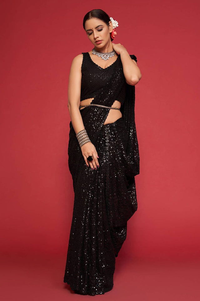Black Faux Georgette Sequins Saree