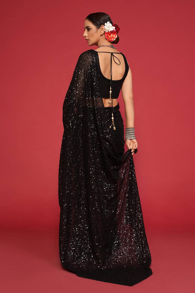 Black Faux Georgette Sequins Saree