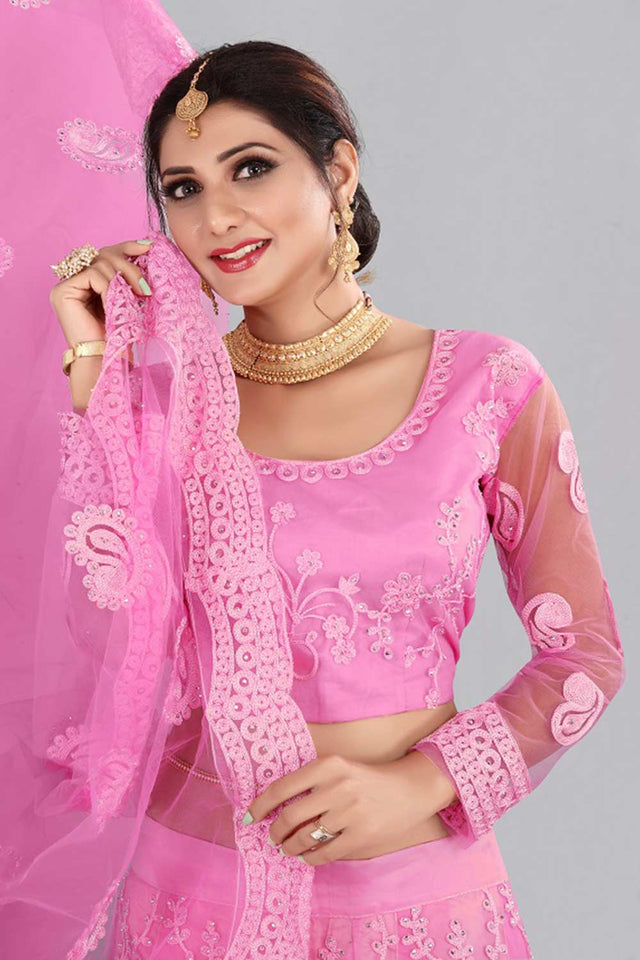 Pink Net Embroidered Lehenga Choli