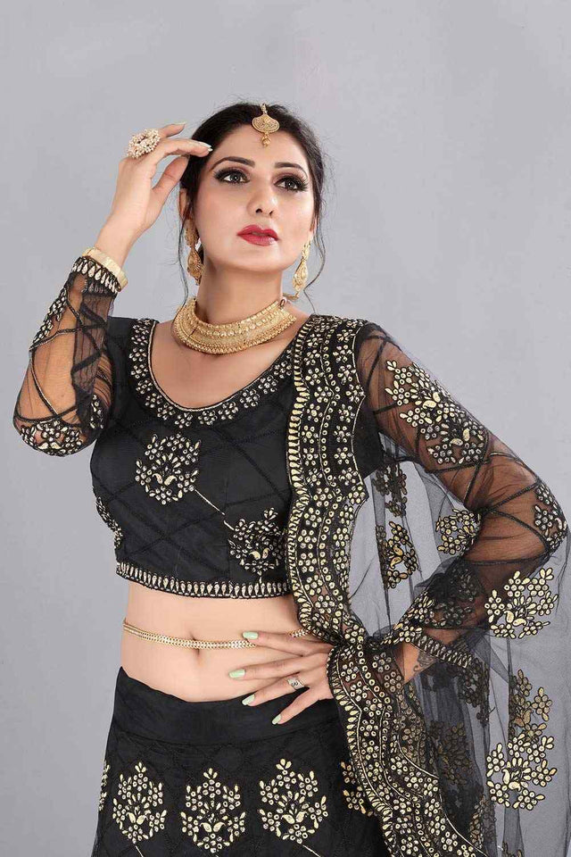 Black Net Embroidered Lehenga Choli