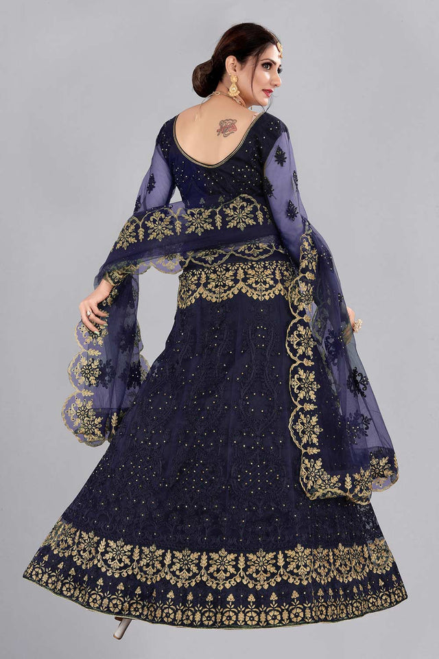 Blue Net Embroidered Lehenga Choli