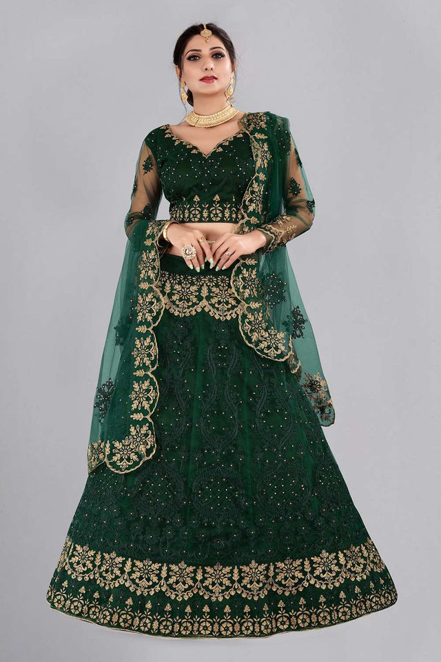 Green Net Embroidered Lehenga Choli