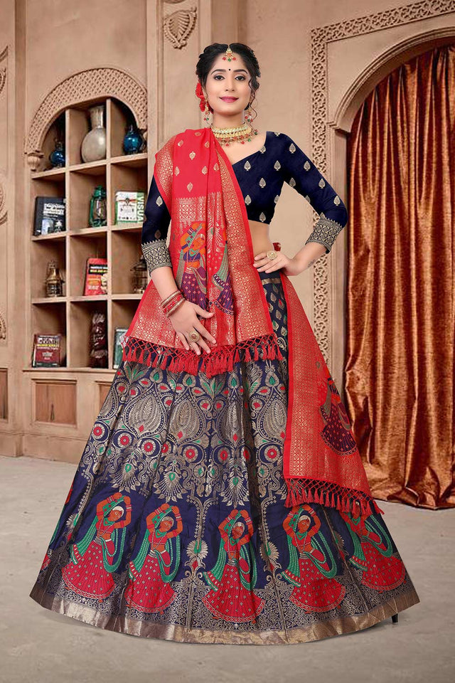 Blue Jacquard Zari Woven Lehenga Choli