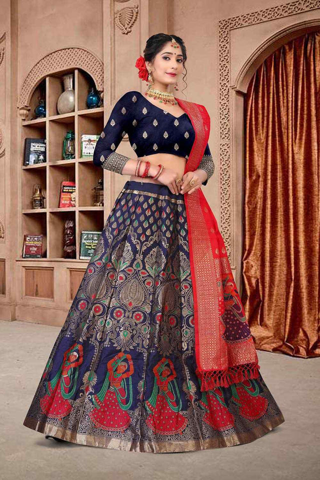 Blue Jacquard Zari Woven Lehenga Choli
