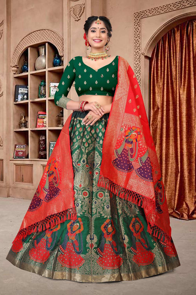 Green Jacquard Zari Woven Lehenga Choli