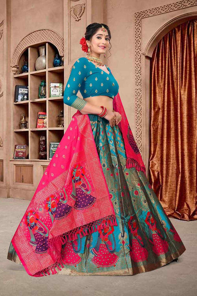 Blue Jacquard Zari Woven Lehenga Choli