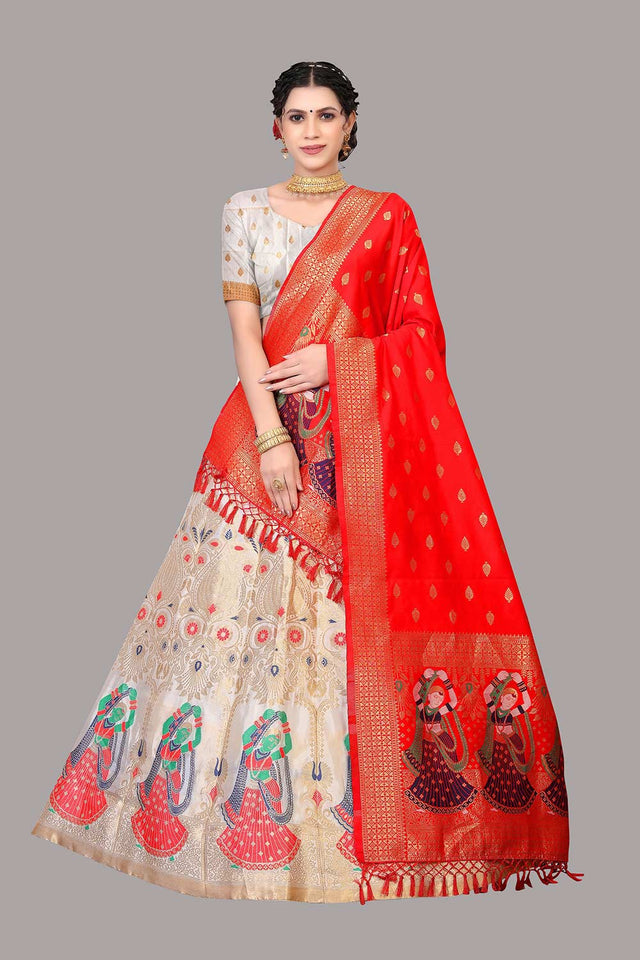 White Jacquard Zari Woven Lehenga Choli