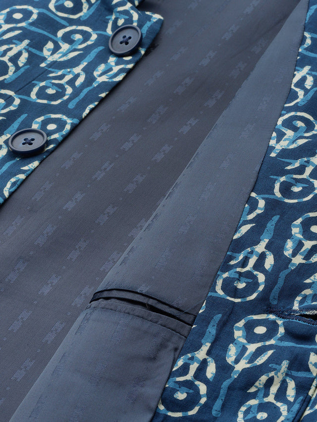 Buy Men's Blue Pure Cotton Printed Nehru Jacket Online - Zoom In