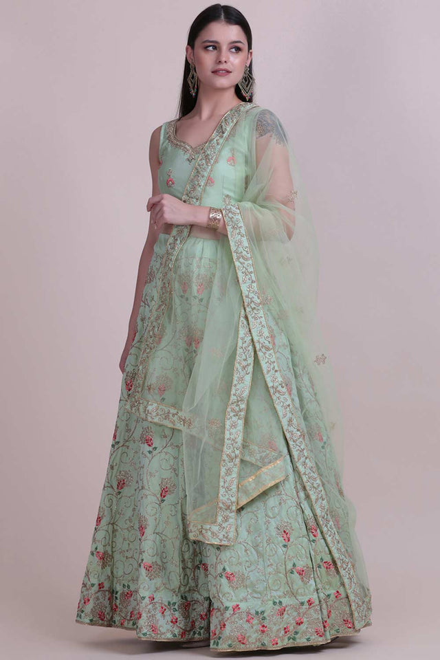 Green Taffeta Silk Embroidered Lehenga Choli