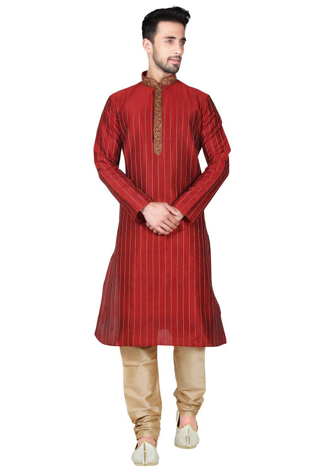 Buy Men's Art Silk Threading Kurta Set in Maroon