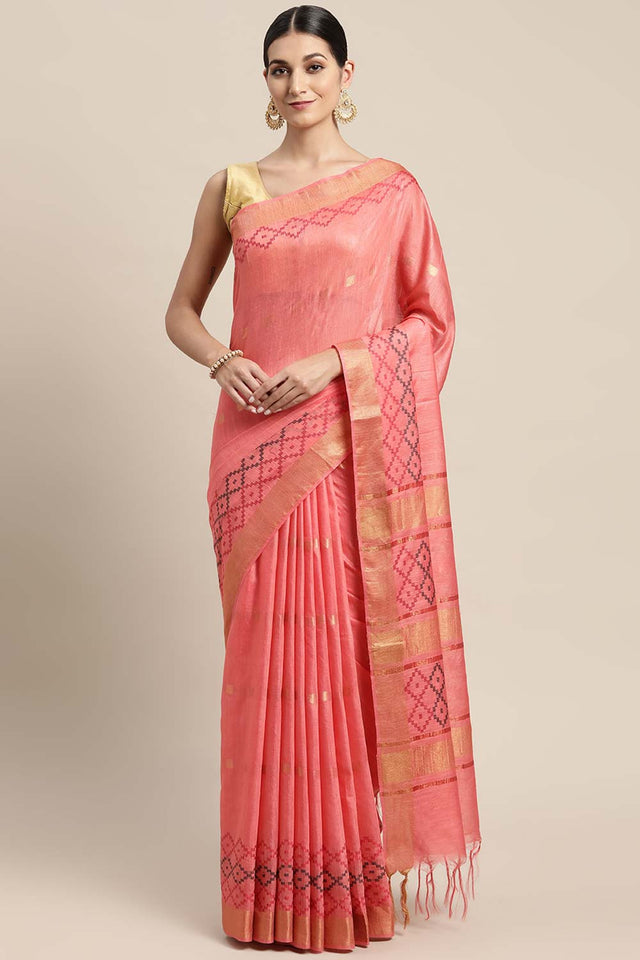 Peach Silk Blend Bhagalpuri Woven Design Saree