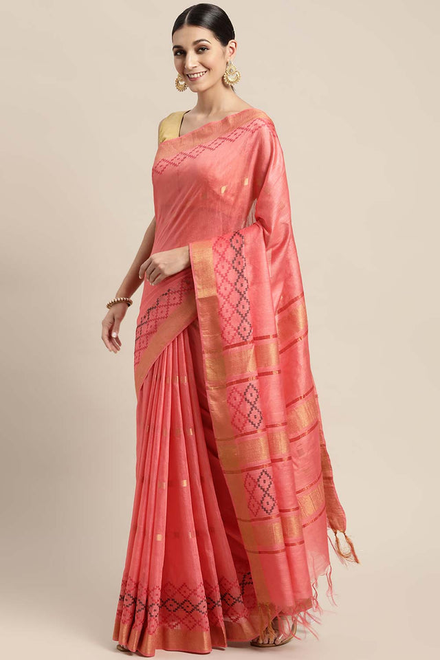 Peach Silk Blend Bhagalpuri Woven Design Saree