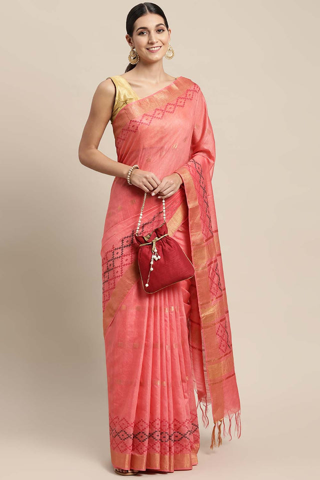Peach Silk Blend Bhagalpuri Woven Design Saree