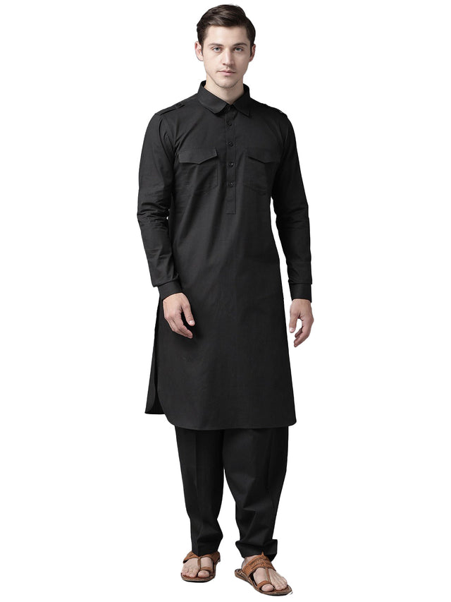 Buy Men's Black Cotton Solid Pathani Set Online