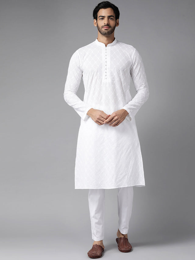 Buy Men's White Pure Cotton Chikankari Embroidered Kurta Pajama Set Online - Back