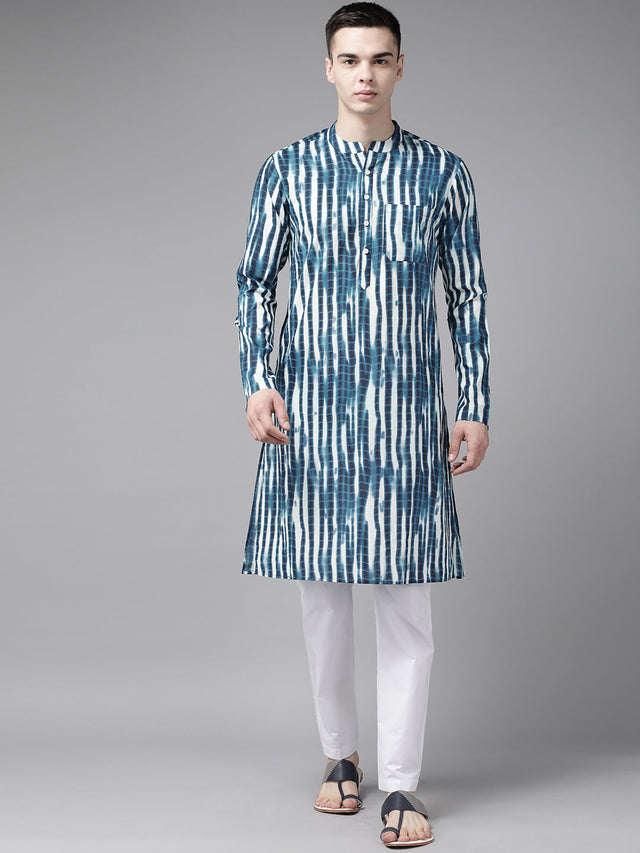 Buy Men's Blue Cotton Tie And Dye Print Straight Kurta Online