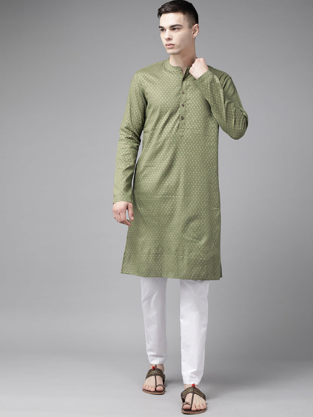 Buy Men's Green Pure Cotton Printed Kurta Pajama Set Online - Back