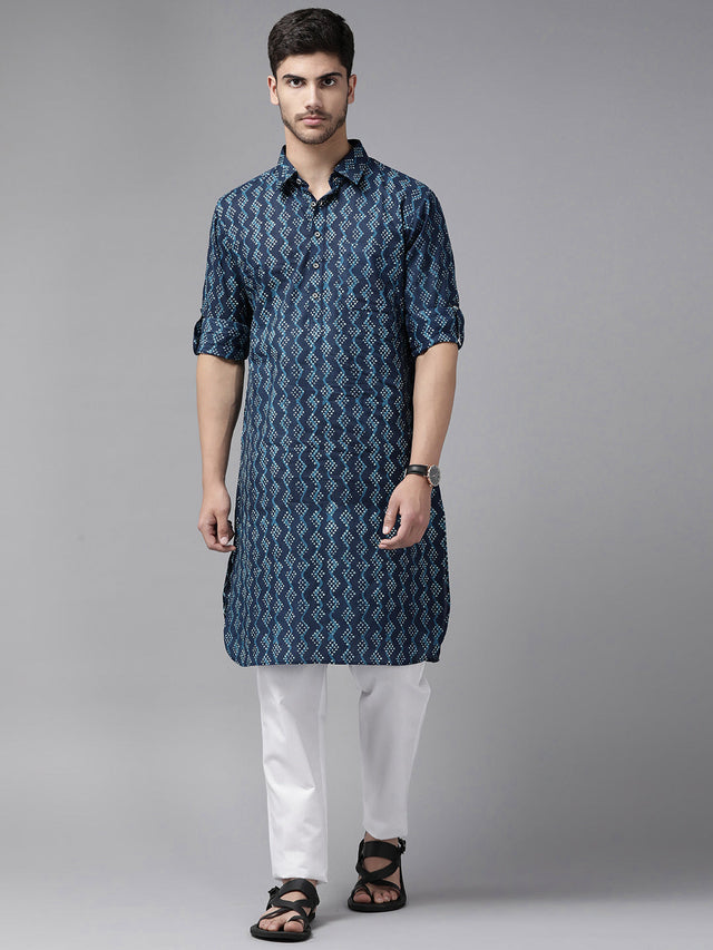 Buy Men's Indigo Pure Cotton Printed Pathani Set Online - Front