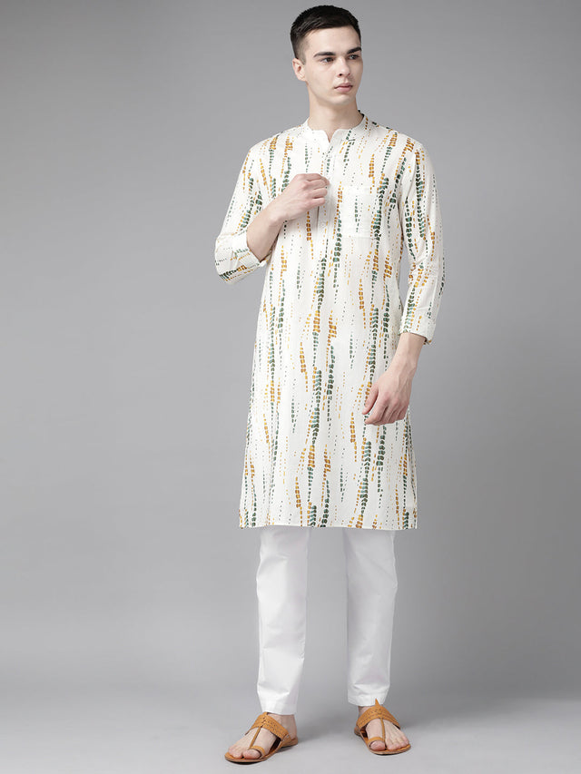 Buy Men's White Cotton Tie And Dye Print Straight Kurta Online
