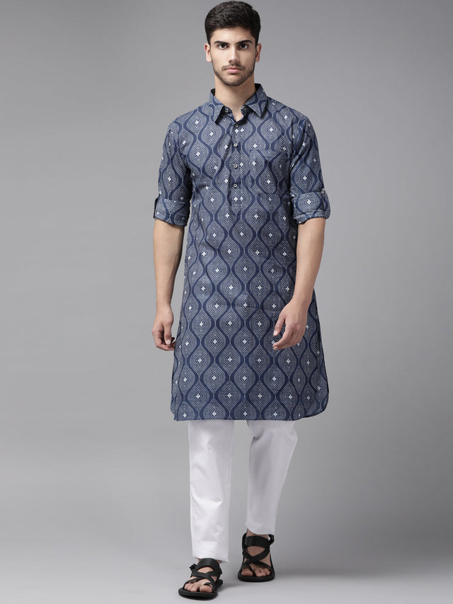 Buy Men's Indigo Pure Cotton Printed Pathani Set Online - Back
