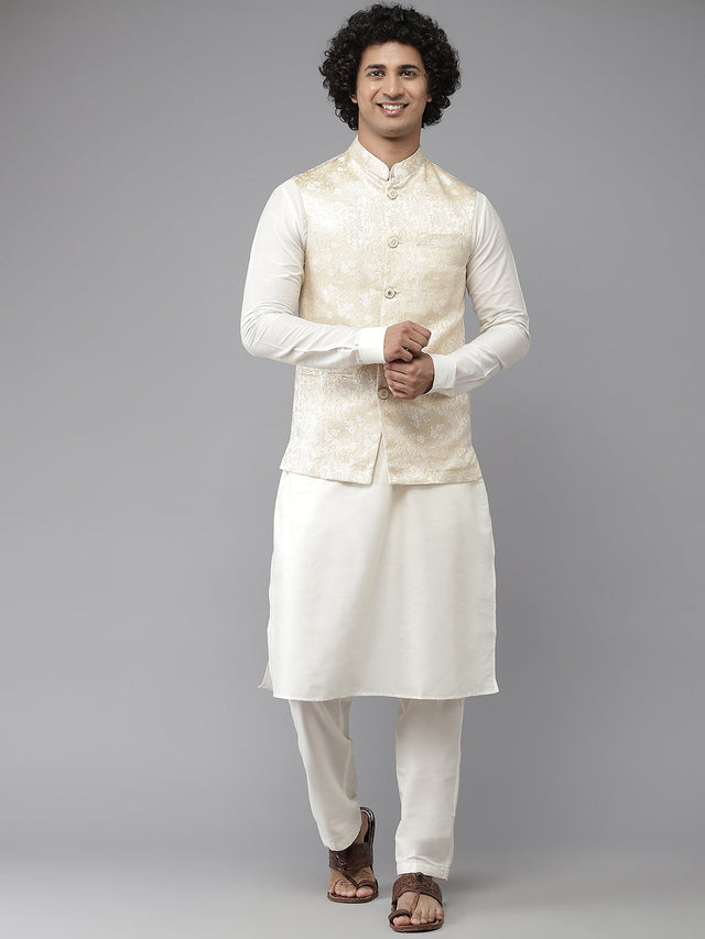 Buy Men's Gold Art Silk Jacquard Woven Design Nehru Jacket Online - Side