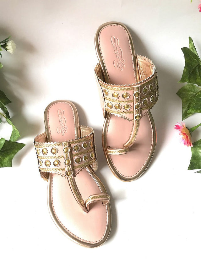 Vegan Leather Kolhapuri Flats In Dusty Pink