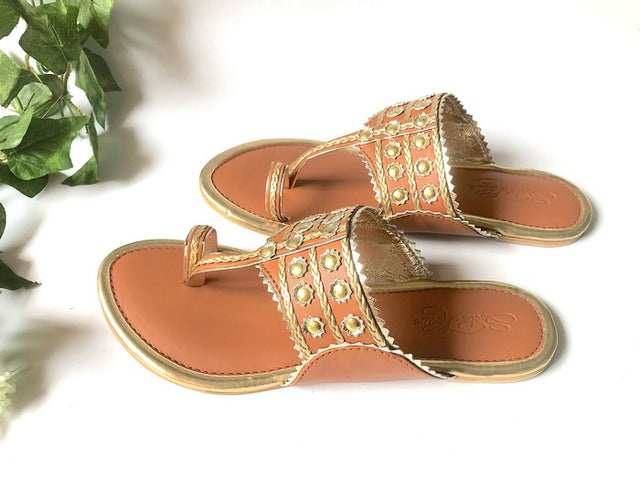 Vegan Leather Kolhapuri Flats In Tan