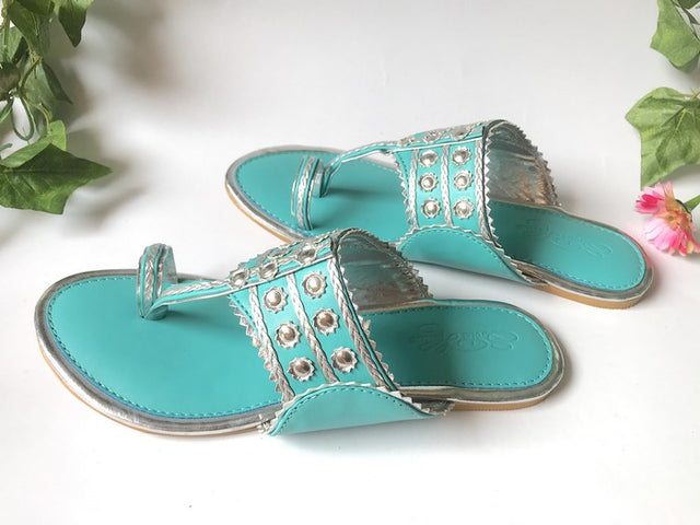 Vegan Leather Kolhapuri Flats In Turquoise