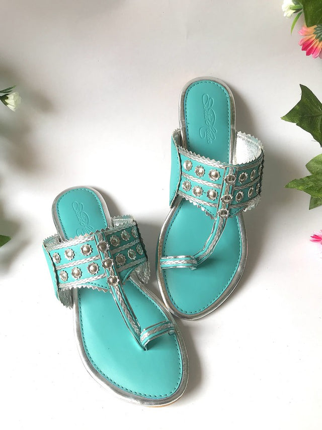 Vegan Leather Kolhapuri Flats In Turquoise