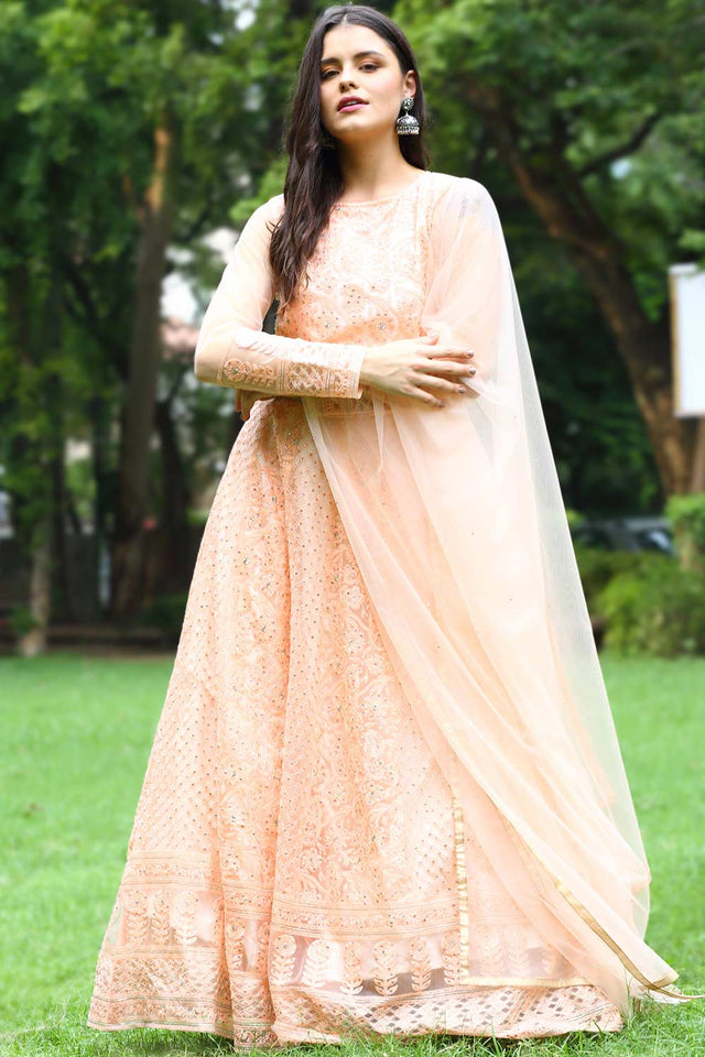 Buy Net Embroidered Dress Material in Peach