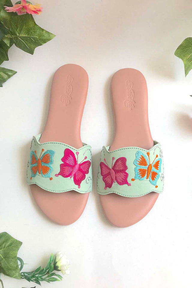 Soft Faux Leather Flats In Sea Green And Pink