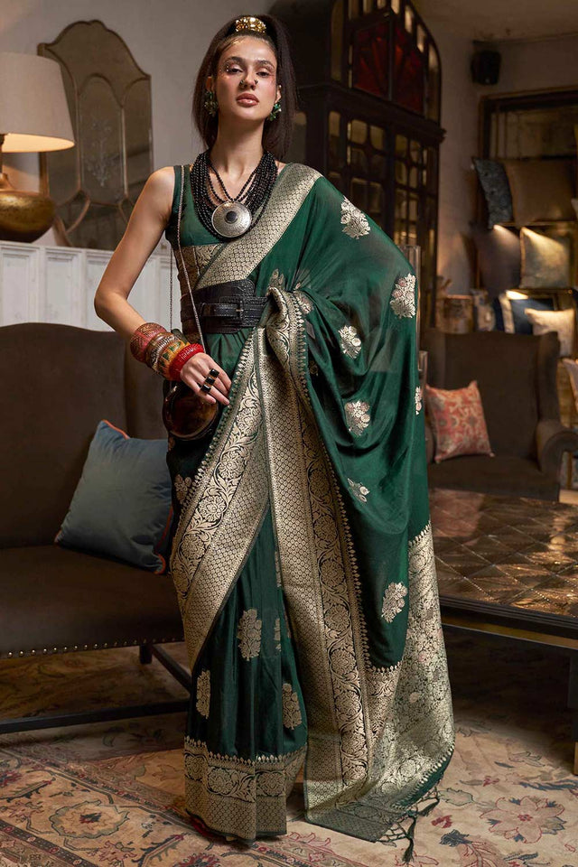 Dark Green Khadi Georgette Nylon Weaving Saree
