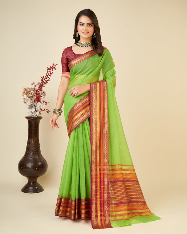 Parrot Green Semi Cotton Doriya Saree