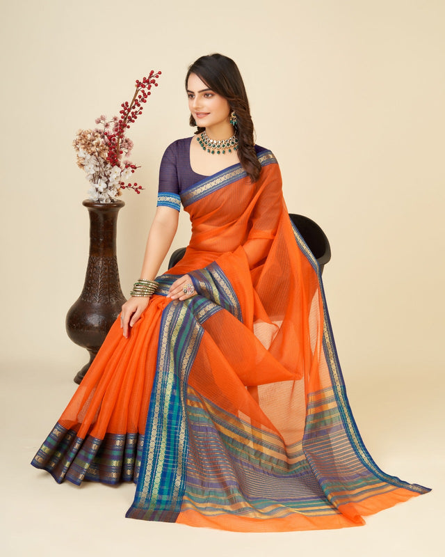 Orange Semi Cotton Doriya Saree
