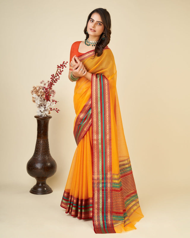 Dark Yellow Semi Cotton Doriya Saree