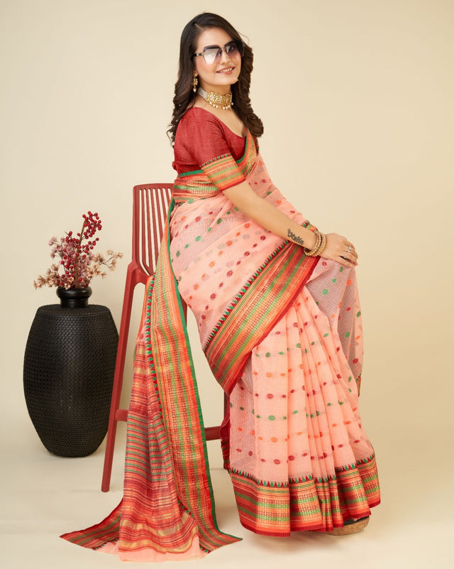 Pink Semi Cotton Doriya Saree