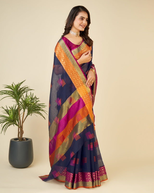 Blue Semi Cotton Doriya Saree