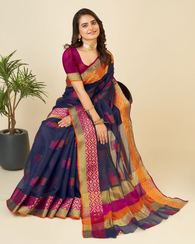 Blue Semi Cotton Doriya Saree