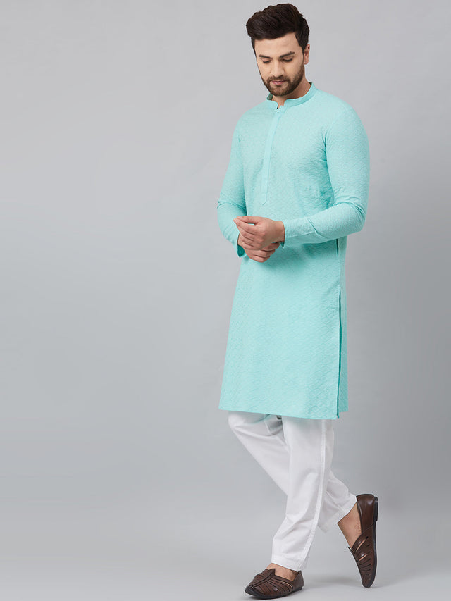 Buy Men's Turquoise Blue Cotton Chikankari Embroidered Kurta Pajama Set Online - Front