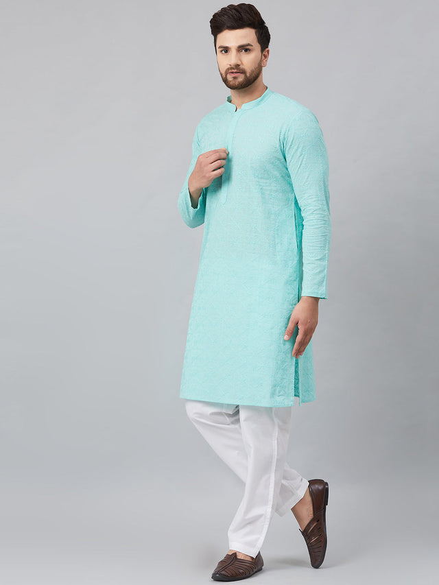 Buy Men's Turquoise Blue Cotton Chikankari Embroidered Kurta Pajama Set Online - Front