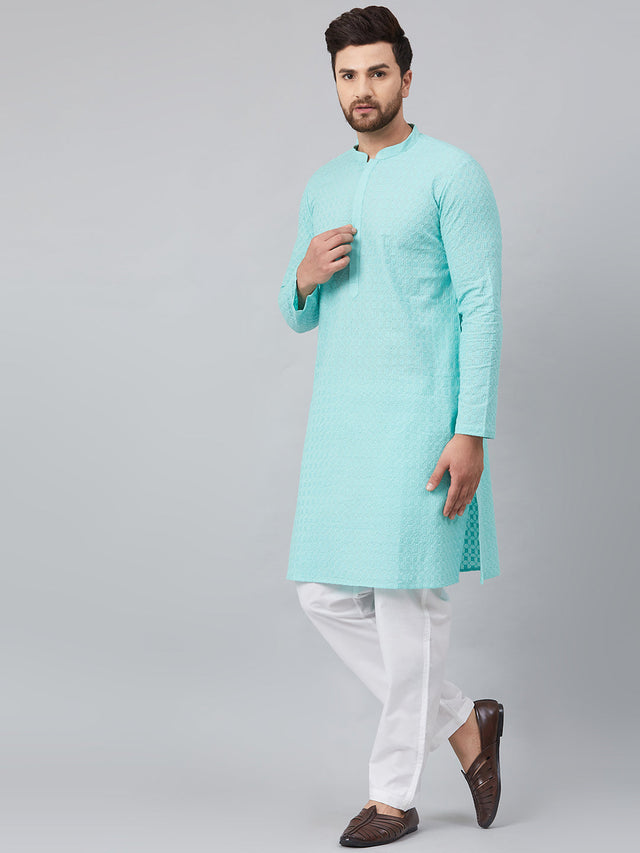 Buy Men's Lime Green Cotton Chikankari Embroidered Straight Kurta Online - Front