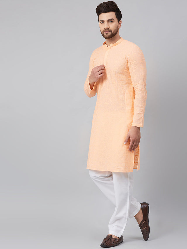 Buy Men's Peach Cotton Chikankari Embroidered Kurta Pajama Set Online - Front