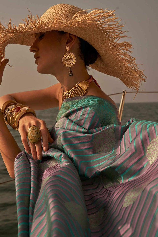 Cyan Satin Nylon Two Tone Weaving Saree