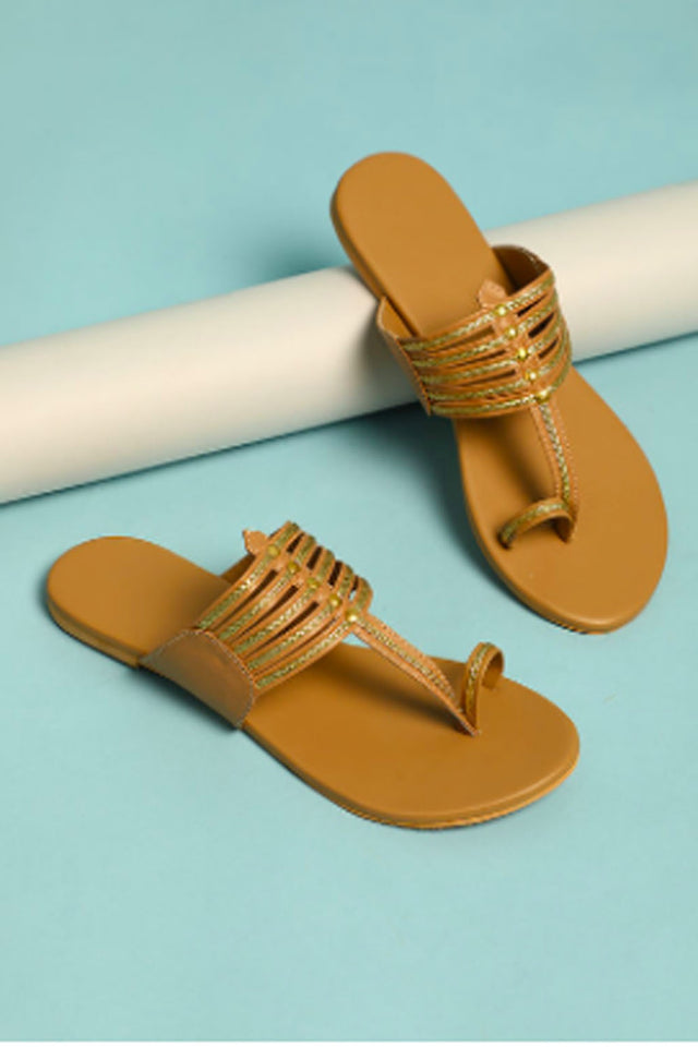 Buy Soft Faux Leather Kolapuri Flats In Brown And Gold