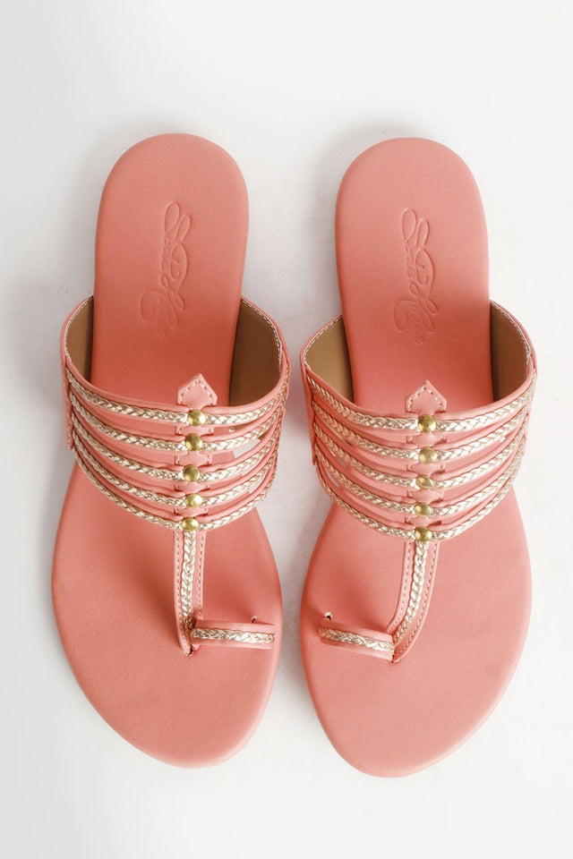 Buy Soft Faux Leather Kolapuri Flats In Peach And Gold